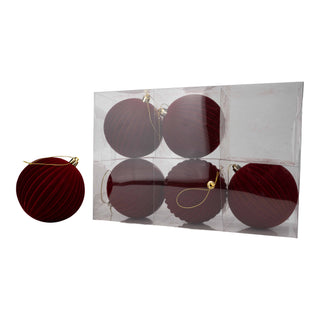 10CM SET OF 6 LINED FLOCKED BAUBLES