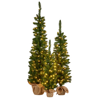 CHRISTMAS TREES WITH LIGHTS - SET OF 3 GREEN PINE TREES WITH HESSIAN BASES, 152/122/90CM