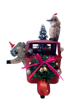 AUSSIE CHRISTMAS RED TUK TUK WITH SIDE CAR - KOALA & KOOKABURRA