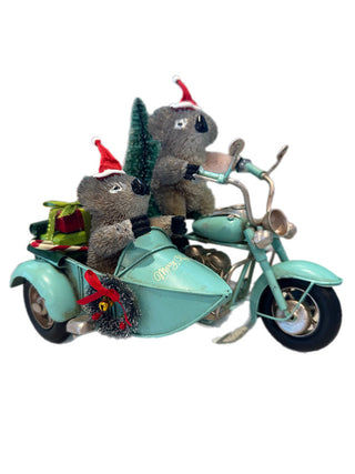 AUSSIE CHRISTMAS BLUE MOTORBIKE WITH SIDE CAR - KOALAS