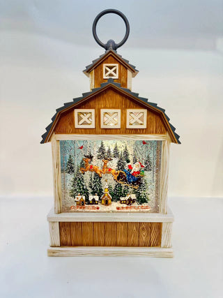 SNOWING BARN W SANTA SLEIGH