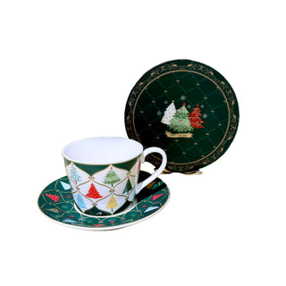 CHRISTMAS GIFT BOX TEACUP & SAUCER SET W/ MERRY TREE TILE