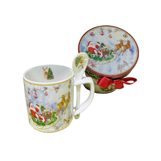 CHRISTMAS GIFT BOX MUG & SPOON SET W/ SANTA SLEIGH