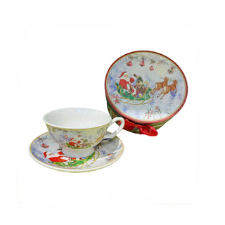 CHRISTMAS GIFT BOX TEACUP & SAUCER W/ SANTA'S SLEIGH