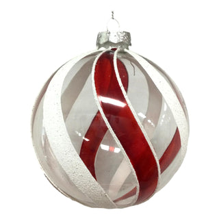 RED WHITE CLEAR SWIRL BALL 10CM - GLASS