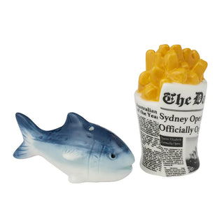 REGGIE FISH & CHIPS CERAMIC SALT & PEPPER SHAKER SET