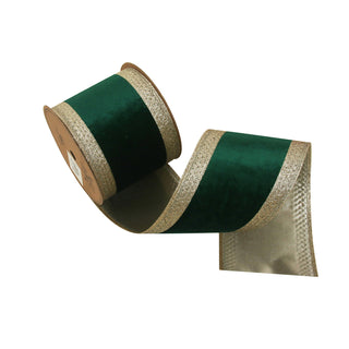 EMERALD GREEN VELVET RIBBON W/CHAMPAGNE EDGING - 10CM X 5M