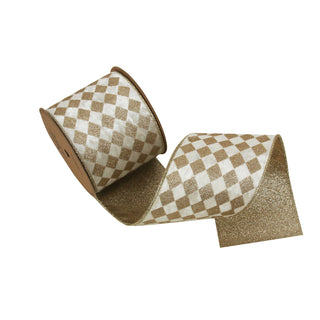 IVORY & CHAMPAGNE GLITTER CHECK RIBBON W/WIRE EDGING - 10CM X 5M