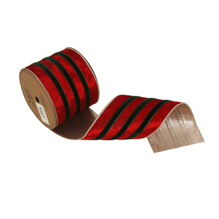 RED VELVET RIBBON W/GREEN INSERTS & WIRE EDGING - 10CM X 5M