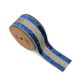 BLUE & CHAMPAGNE VELVET WIRE EDGE RIBBON - 6CM x 5M