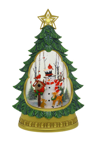 GREEN TREE WITH SNOWMAN - LED GLITTER GLOBE