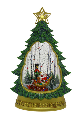 GREEN TREE WITH SLEIGH - LED GLITTER GLOBE