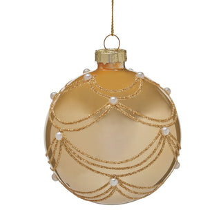 CHAMPAGNE GLASS W GOLD SWIRLS & PEARLS BAUBLE - 8CM