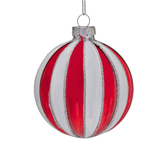 RED & WHITE STRIPED BAUBLE - GLASS