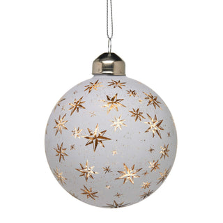 WHITE GLASS BAUBLE WITH GOLD STARS