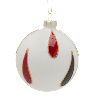 WHITE BAUBLE WITH RED & BLACK PATTERN - GLASS