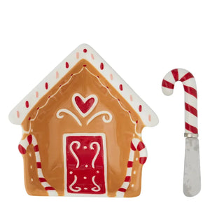 GINGERBREAD HOUSE CERAMIC DIP BOWL WITH SPREADER