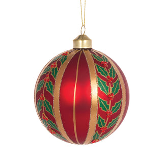 MATTE RED AND HOLLY STRIPED BAUBLE - 10CM