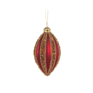RED AND GOLD BEADED RIB DROP BAUBLE - 12CM