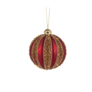 RED AND GOLD BEADED RIB BAUBLE - 8CM