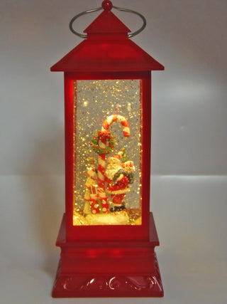 RED LANTERN SANTA WITH CANDY CANE - LED GLITTER GLOBE