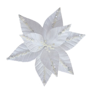 WHITE POINSETTIA WITH SEQUIN LEAVES - CLIP ON