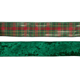 10 CM DOUBLE-SIDED GREEN AND TARTAN VELVET RIBBON