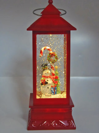 RED LANTERN SNOWMAN WITH CANDY CANE  - LED GLITTER GLOBE